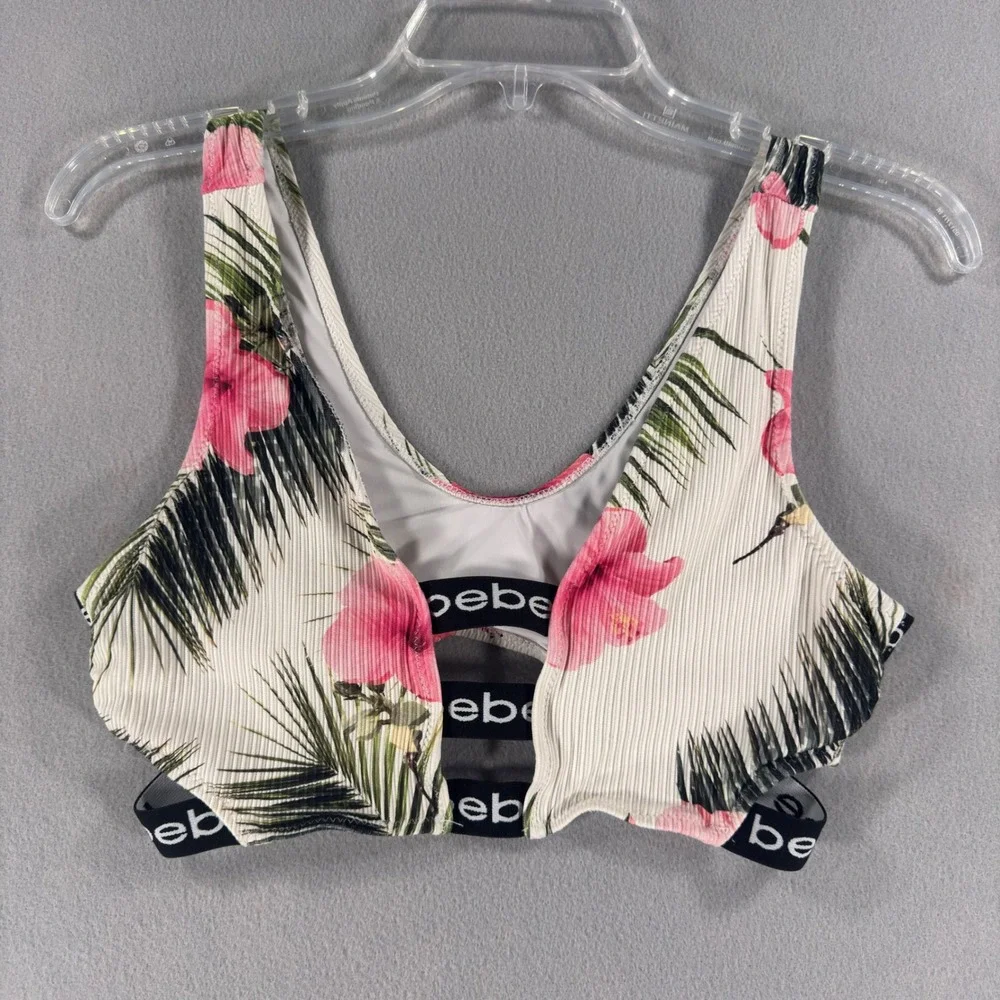 Bebe Women Tropical Floral Ribbed Bikini Set Logo Strappy High Waist White S